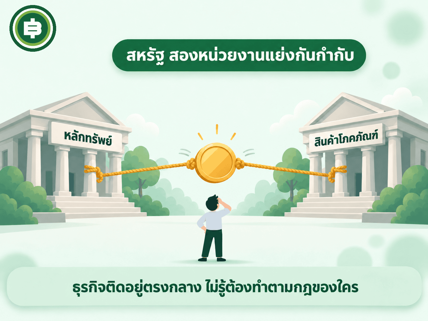 ไดอะแกรมอาคารราชการสองหลังดึงเชือกคนละด้านของเหรียญทอง ป้ายหนึ่งเขียนว่าหลักทรัพย์ อีกป้ายเขียนว่าสินค้าโภคภัณฑ์ มีผู้ประกอบการยืนงุนงงอยู่ตรงกลาง