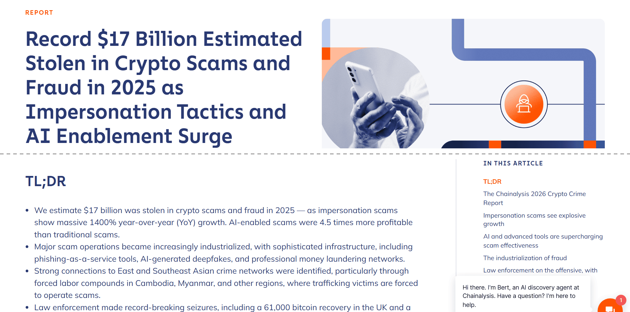 บทความของ Chainalysis เรื่องสแกมและการฉ้อโกงคริปโตปี 2025 พาดหัวระบุว่ามีเงินถูกขโมยสูงเป็นสถิติราว 17,000 ล้านดอลลาร์ พร้อมกล่อง TL;DR เรื่องสแกมที่ใช้ AI