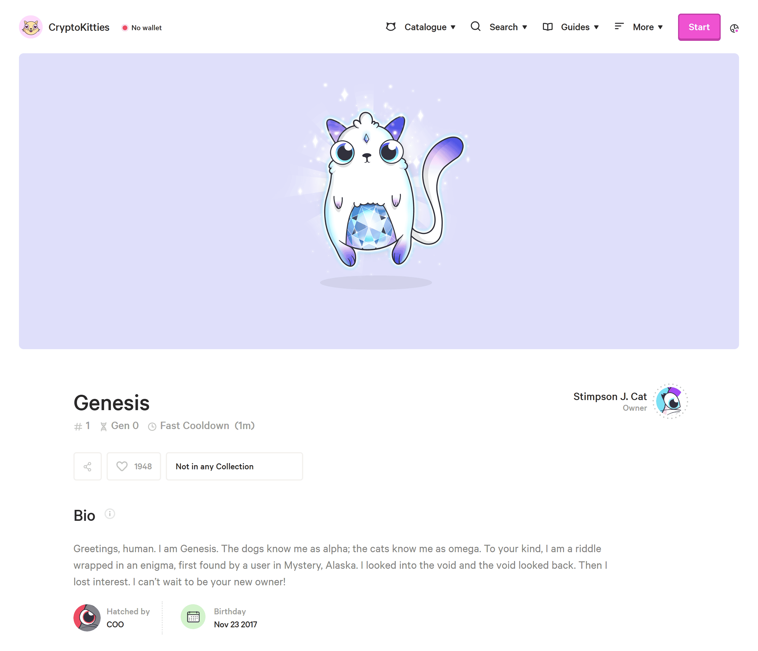 หน้าแมวตัวที่ 1 ชื่อ Genesis บนเว็บ CryptoKitties รุ่นที่ 0 ระบุวันเกิดวันที่ 23 พฤศจิกายน 2017 และฟักโดยบัญชี COO
