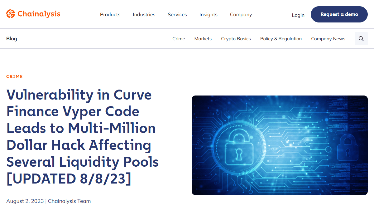 บทความ Chainalysis เรื่องช่องโหว่ Vyper บน Curve Finance ที่นำไปสู่การแฮกหลายล้านดอลลาร์ กรกฎาคม 2023
