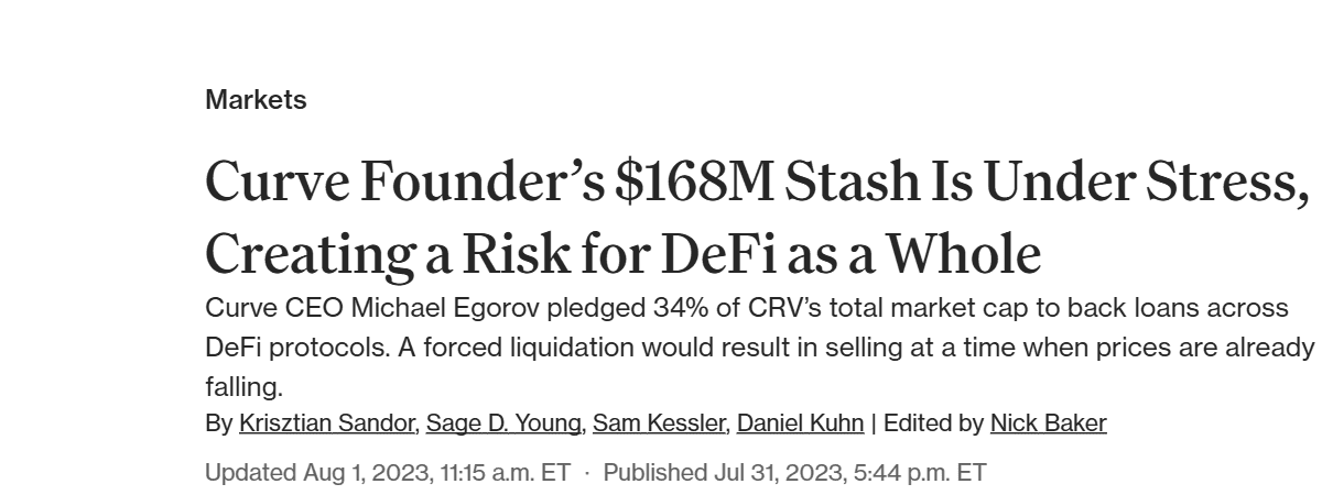 ข่าว CoinDesk เรื่อง Curve Founder Michael Egorov และความเสี่ยงหนี้ค้ำประกัน CRV มูลค่า $168 ล้าน ต่อระบบ DeFi