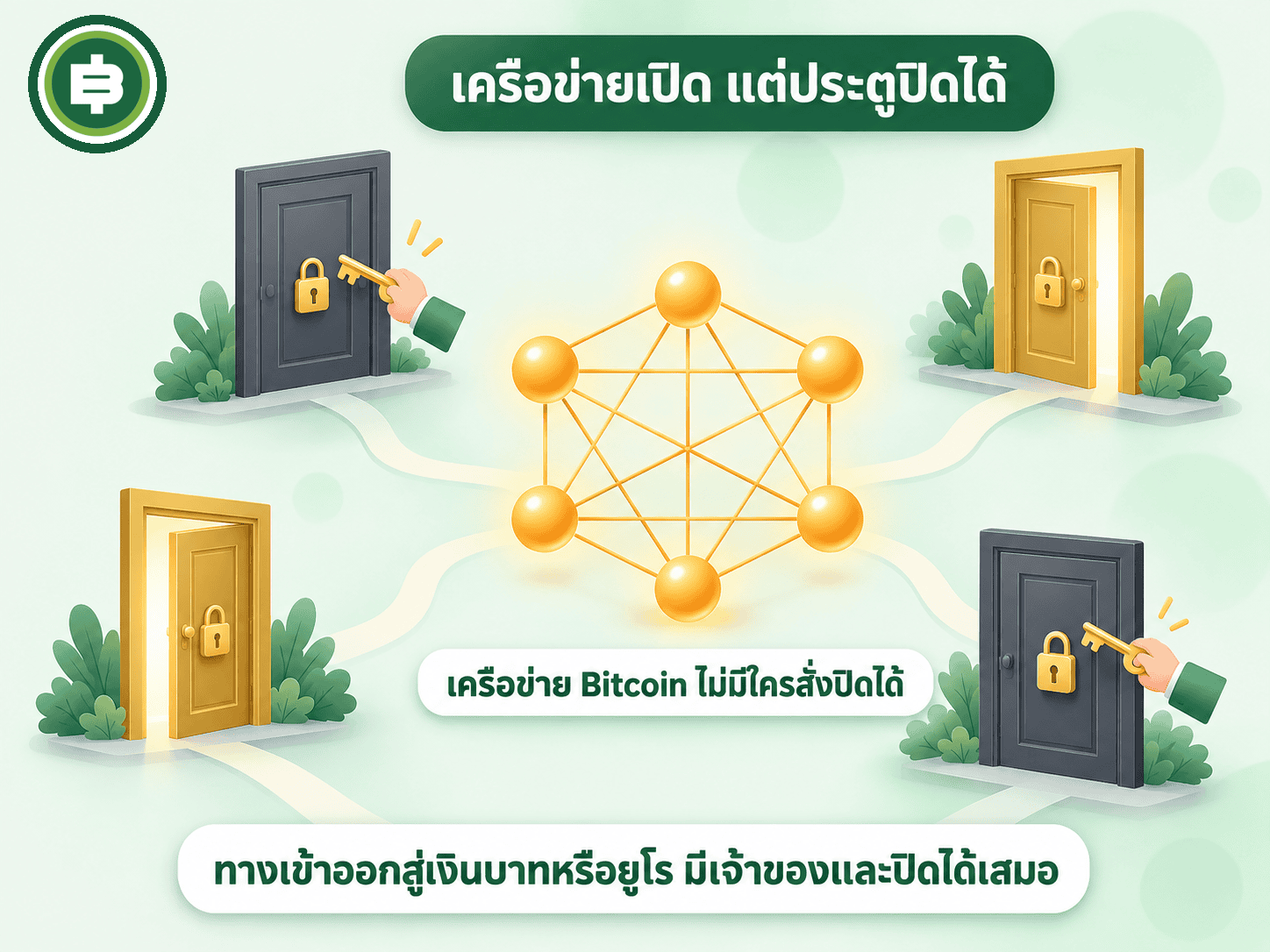 ไดอะแกรมแสดงเครือข่าย Bitcoin ตรงกลางที่ไม่มีใครสั่งปิดได้ ล้อมด้วยประตูทางเข้าออกสู่เงินบาทหรือยูโรที่มีเจ้าของและล็อกได้