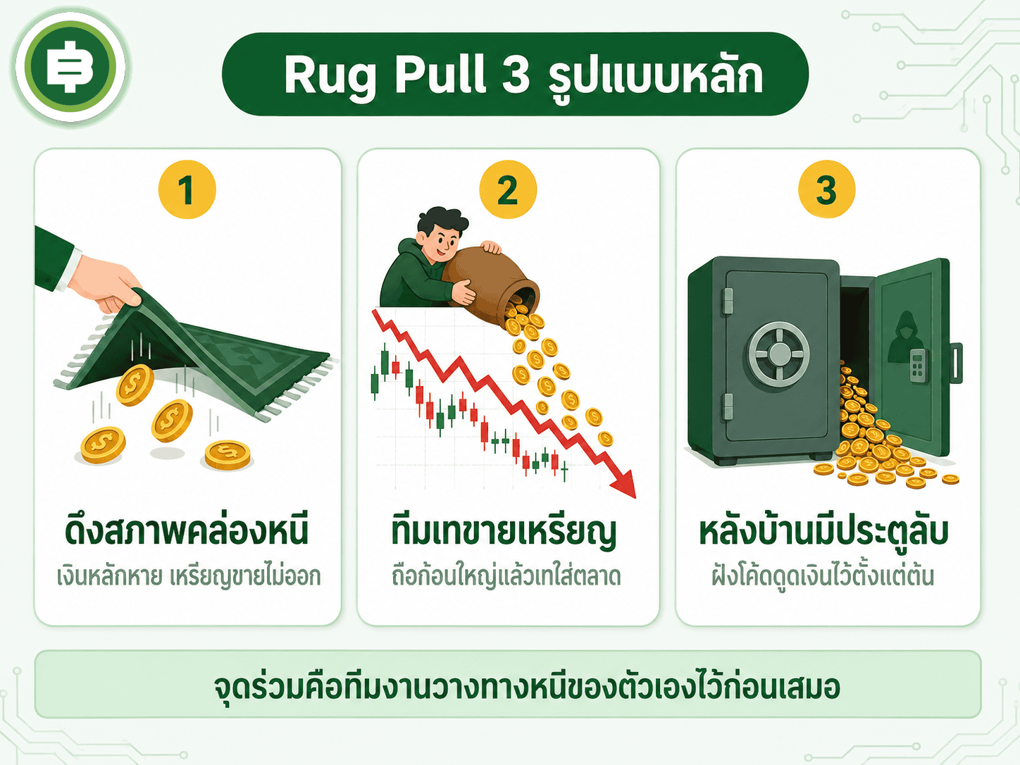 สรุป rug pull สามรูปแบบหลัก ดึงสภาพคล่องหนี ทีมเทขายเหรียญ และหลังบ้านมีประตูลับ