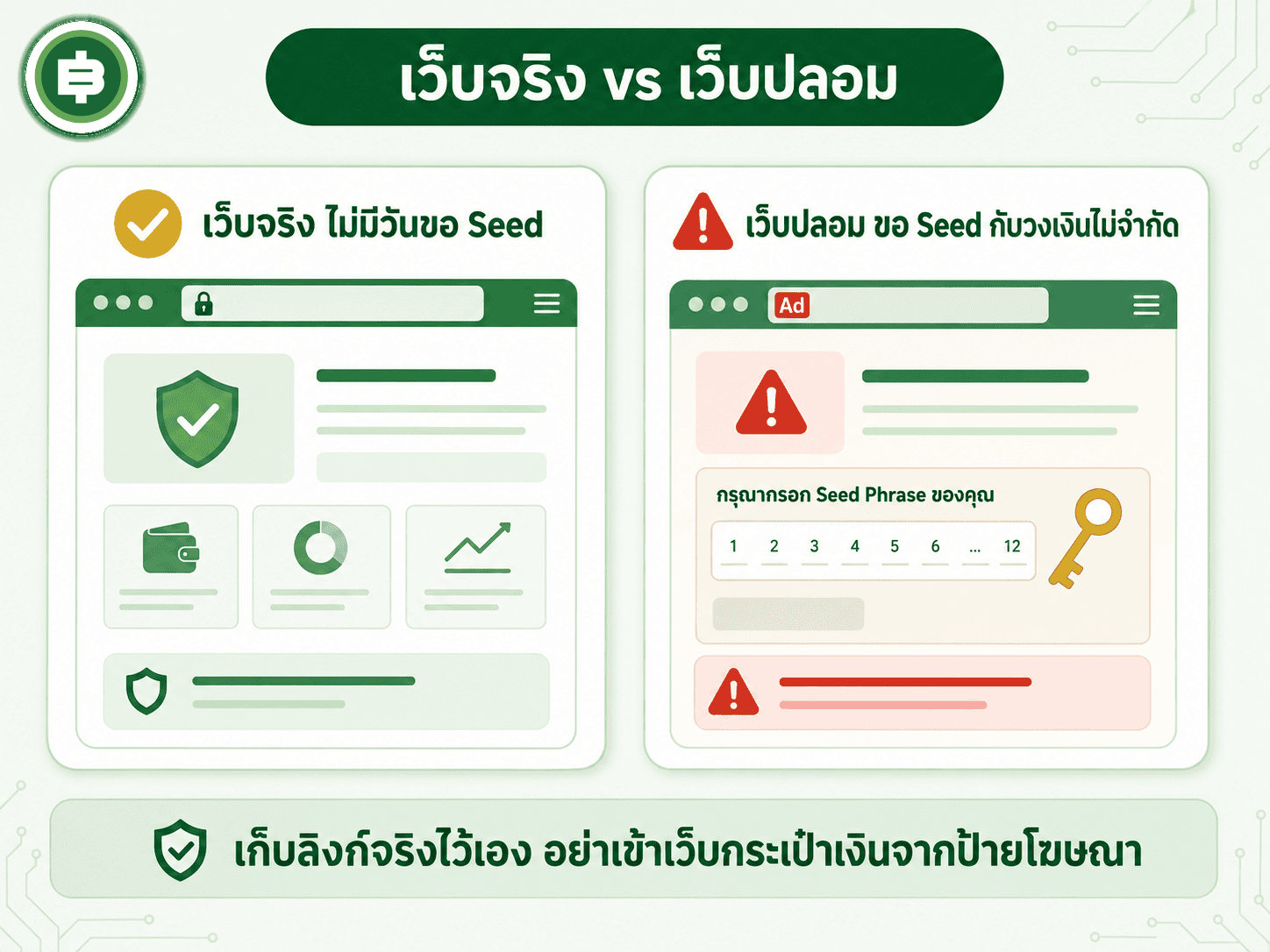 จุดสังเกตเว็บปลอม ของจริงไม่มีวันขอ Seed Phrase และการอนุมัติวงเงินควรจำกัดจำนวนทุกครั้งที่ทำได้