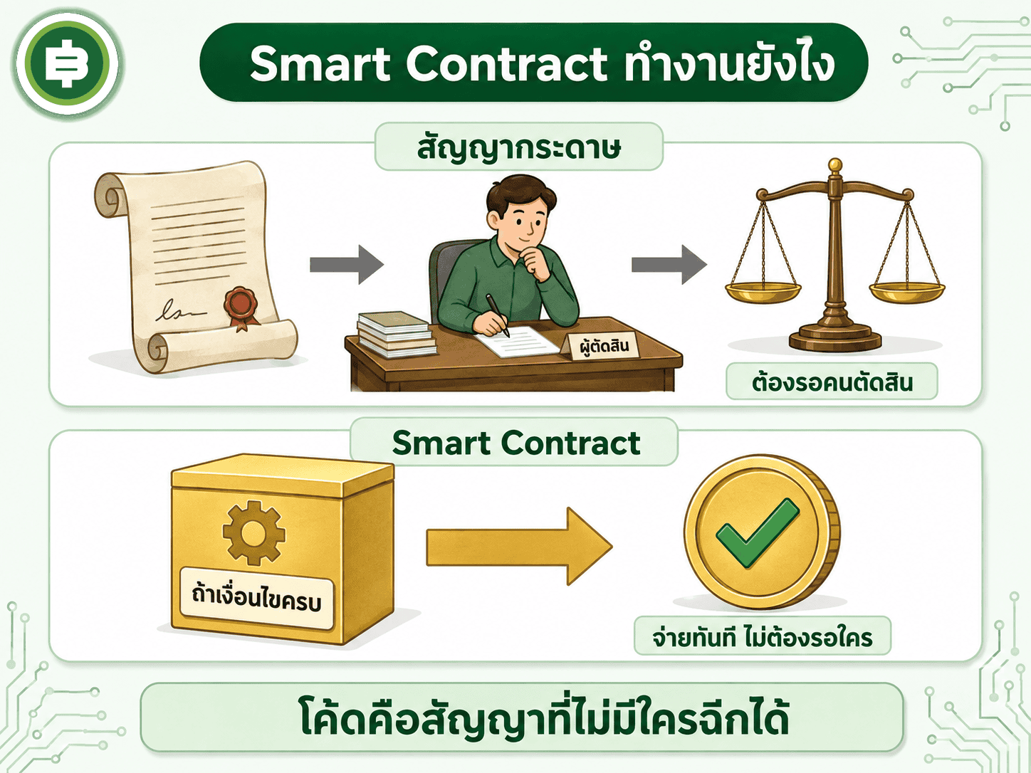 Smart Contract บังคับใช้สัญญาเองอัตโนมัติ ต่างจากสัญญากระดาษที่ต้องพึ่งคนและศาล
