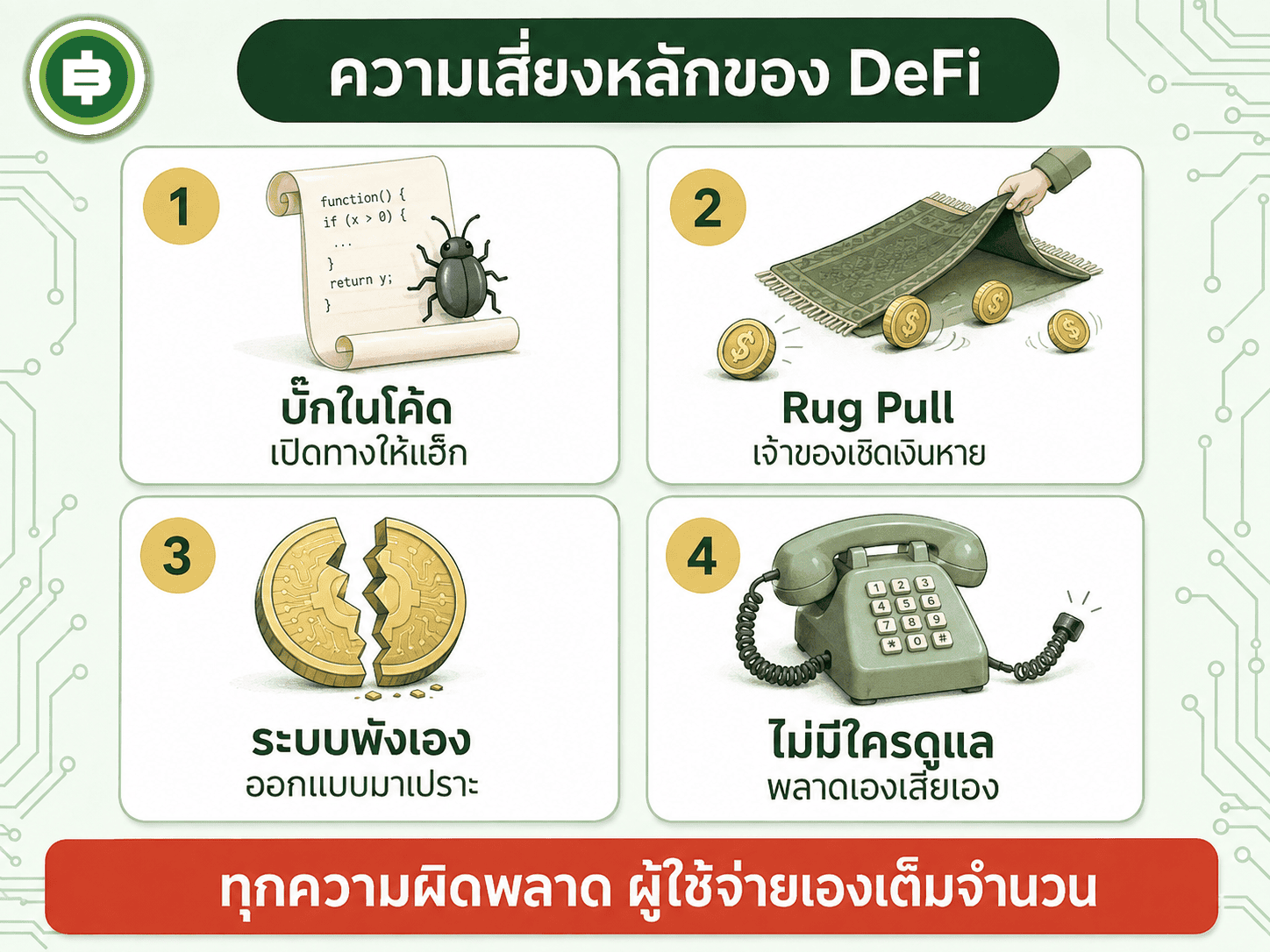 ความเสี่ยงหลักสี่แบบของ DeFi ที่ผู้ใช้ต้องแบกเองทั้งหมด