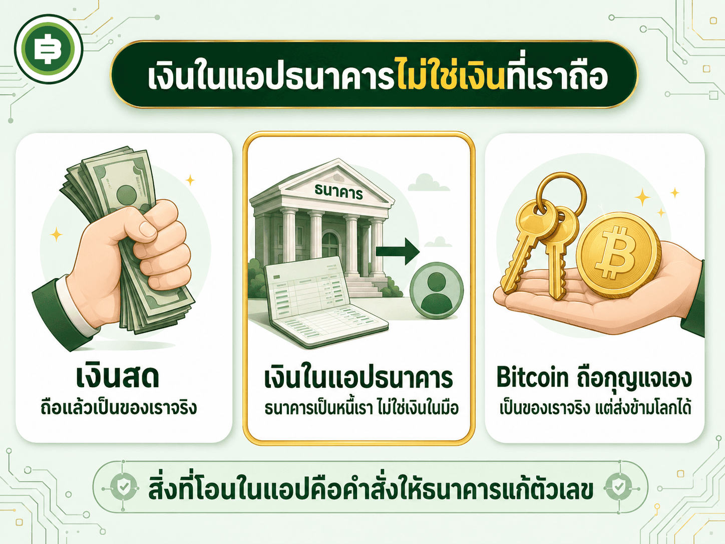เงินสด vs เงินในแอปธนาคาร vs Bitcoin ถือ key เอง