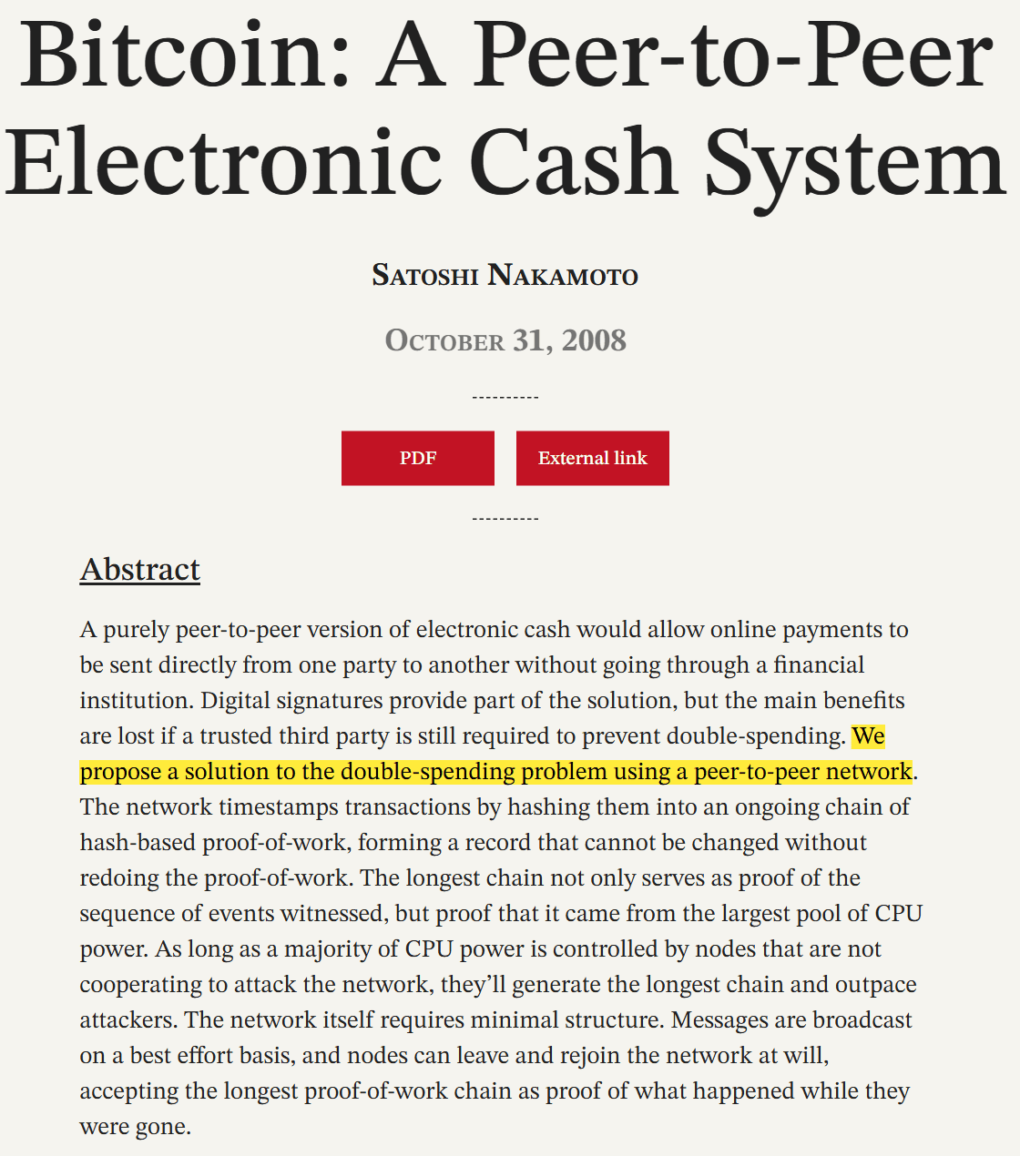 บทคัดย่อของ Bitcoin Whitepaper ที่ระบุว่าเสนอวิธีแก้ปัญหา Double Spending ด้วยเครือข่ายเพียร์ทูเพียร์ โดยไม่ต้องพึ่งตัวกลางที่ไว้ใจได้