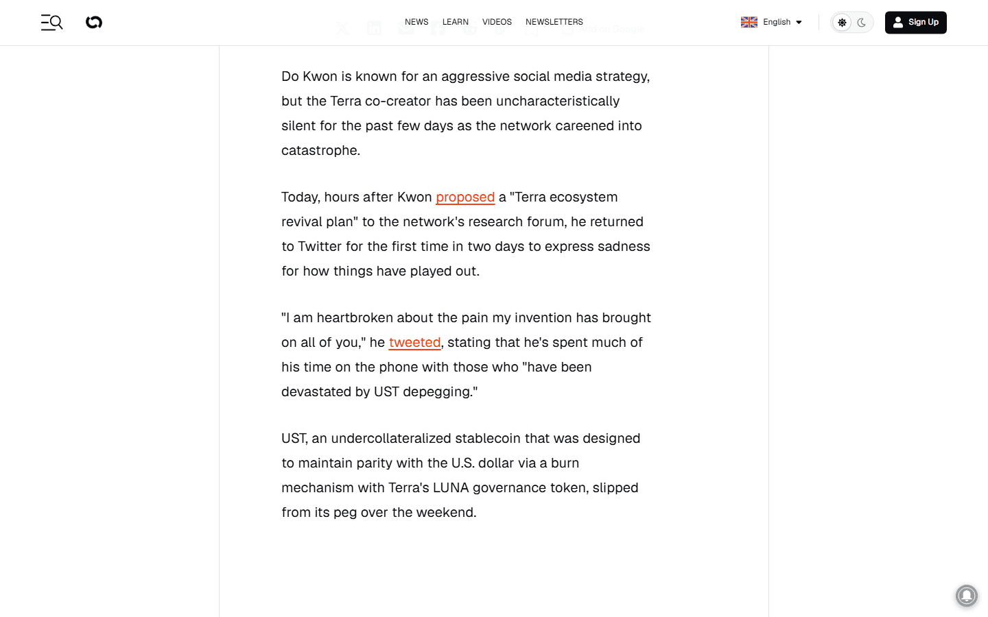 ข่าว Decrypt ที่ Do Kwon โพสต์ว่าเสียใจและเสนอแผนฟื้นฟู Terra