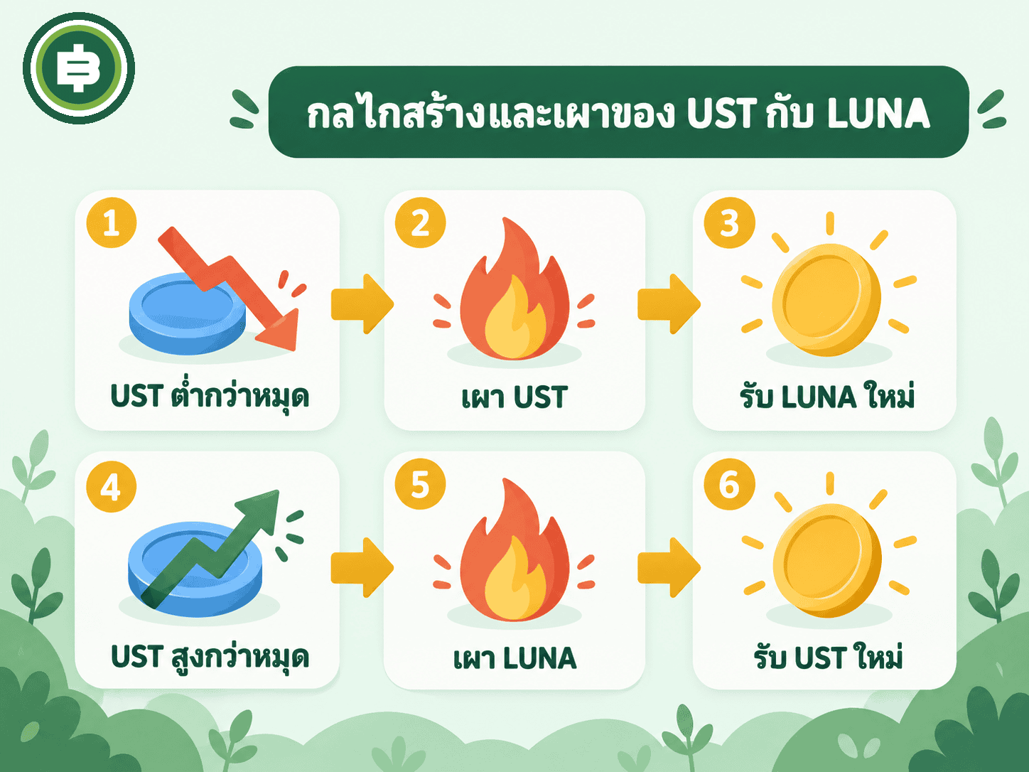 แผนภาพกลไกแลกเปลี่ยนระหว่าง UST กับ LUNA แบบสร้างและเผาเหรียญ