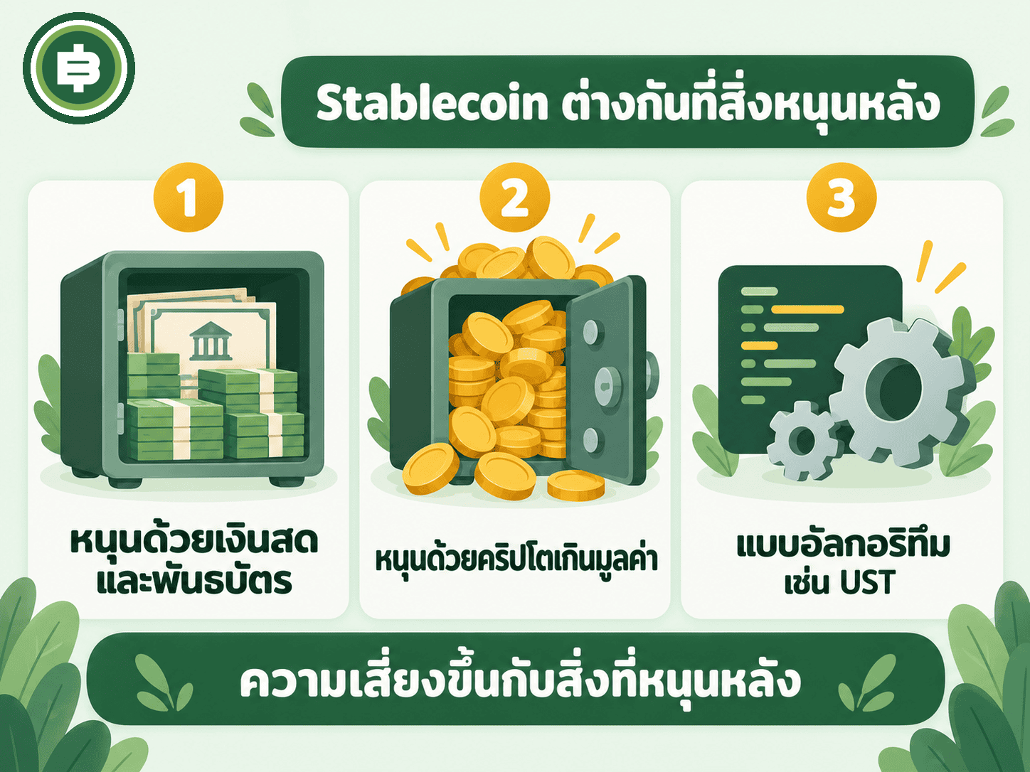 แผนภาพเปรียบเทียบ Stablecoin สามแบบ หนุนด้วยเงินสด หนุนด้วยคริปโต และแบบอัลกอริทึม