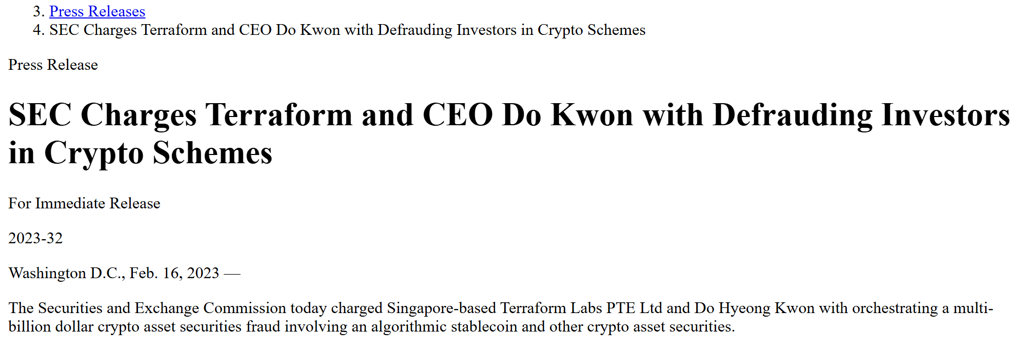 ข่าวแจก SEC วันที่ 16 กุมภาพันธ์ 2023 เรื่องฟ้อง Terraform และ Do Kwon