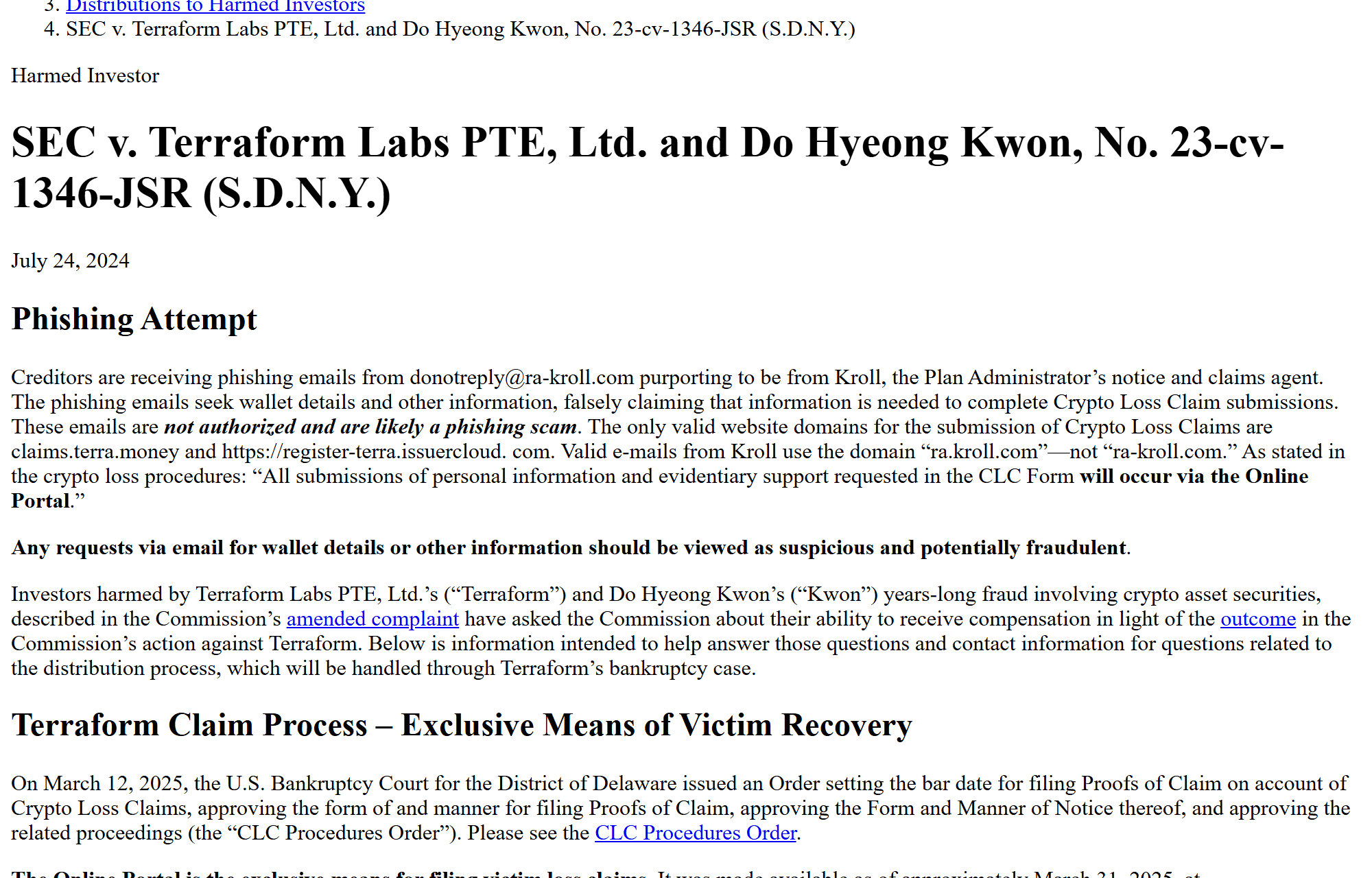 หน้าเว็บ SEC อธิบายขั้นตอนเคลมเงินคืนของผู้เสียหายจาก Terraform