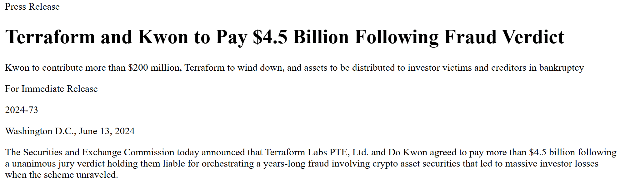 ข่าวแจก SEC เรื่อง Terraform และ Kwon ยอมจ่ายกว่า 4.5 พันล้านดอลลาร์