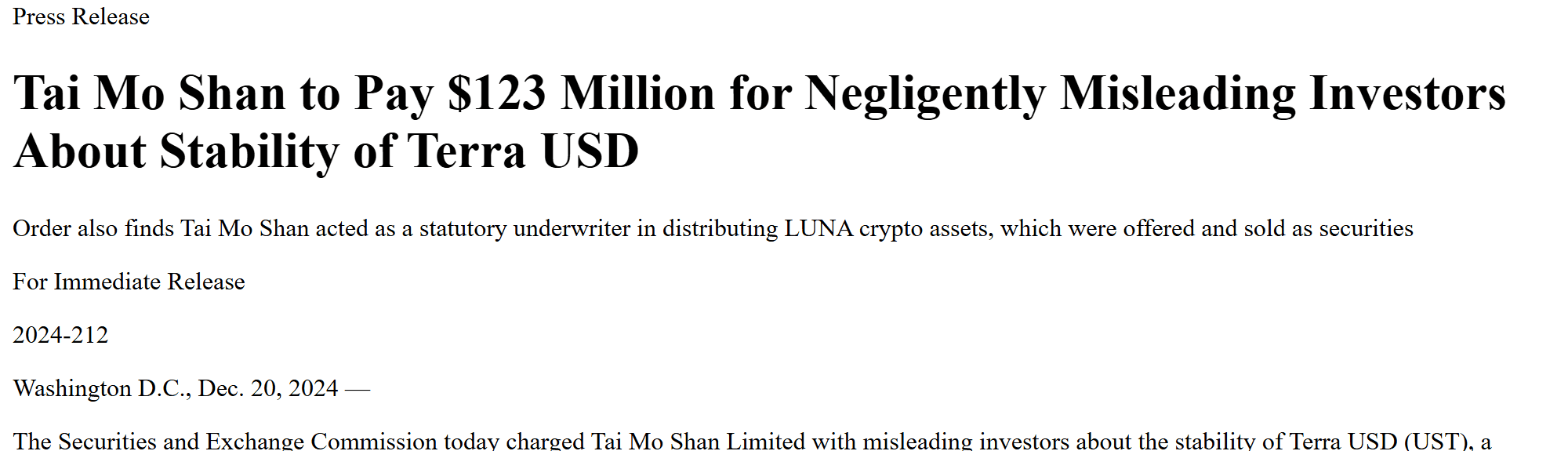 ข่าวแจก SEC เรื่อง Tai Mo Shan จ่าย 123 ล้านดอลลาร์กรณีพยุงราคา UST ปี 2021