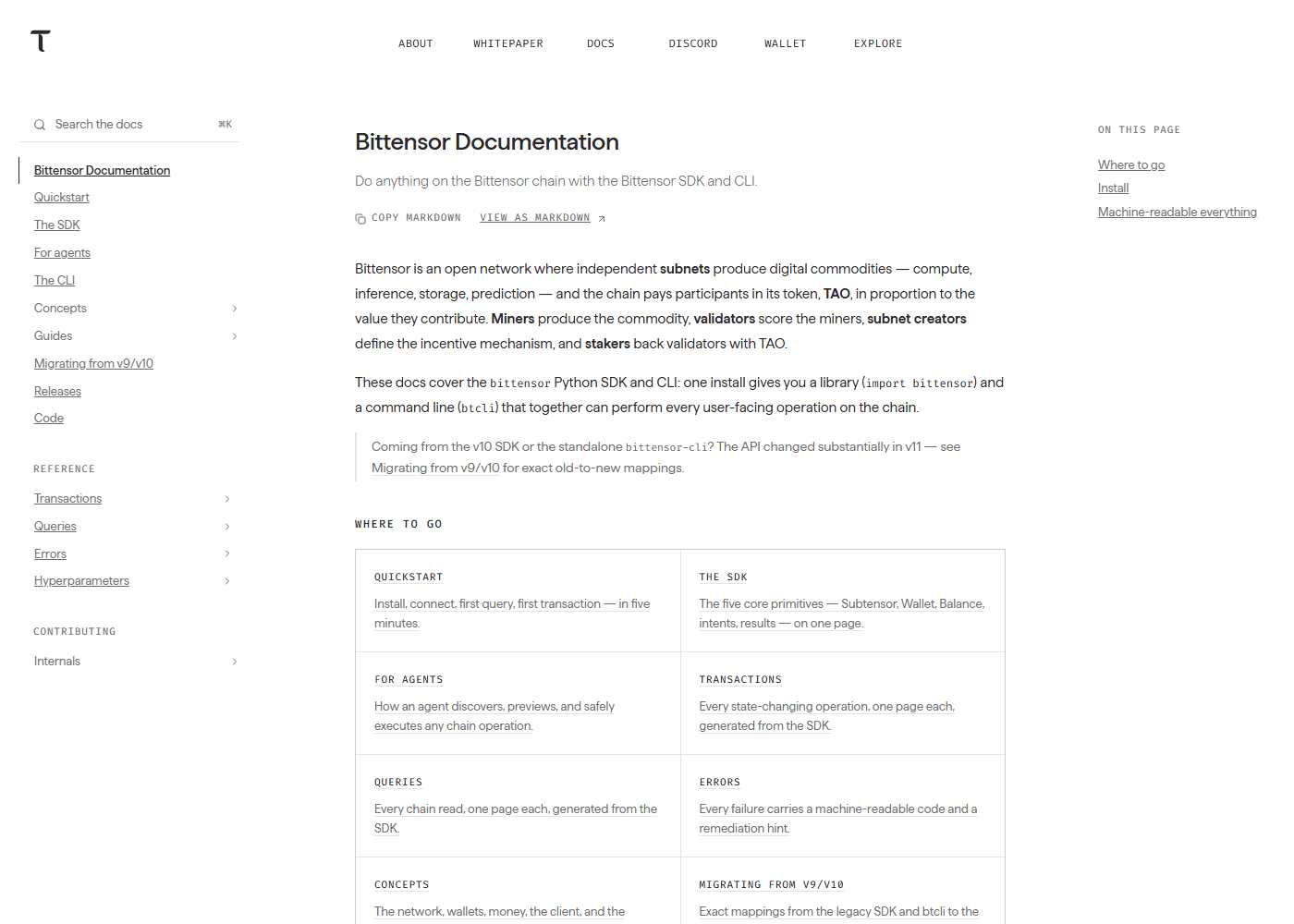 หน้าเอกสารทางการของ Bittensor อธิบายกลไก subnet miner validator และ stake