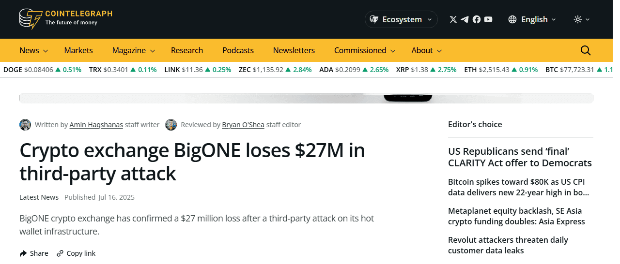 บทความ Cointelegraph รายงานเหตุแฮก BigONE สูญเงิน 27 ล้านดอลลาร์ กรกฎาคม 2025