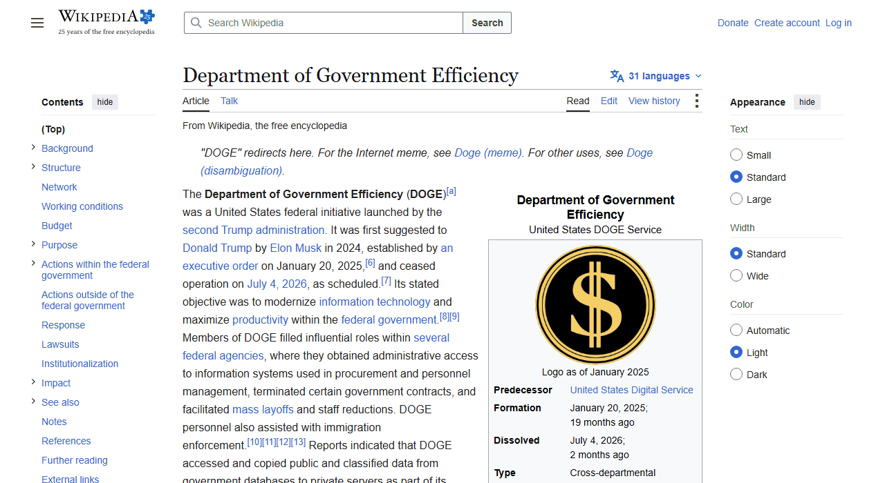 หน้า Wikipedia หน่วยงาน Department of Government Efficiency (DOGE) ยืนยันวันก่อตั้งและยุบหน่วยงาน