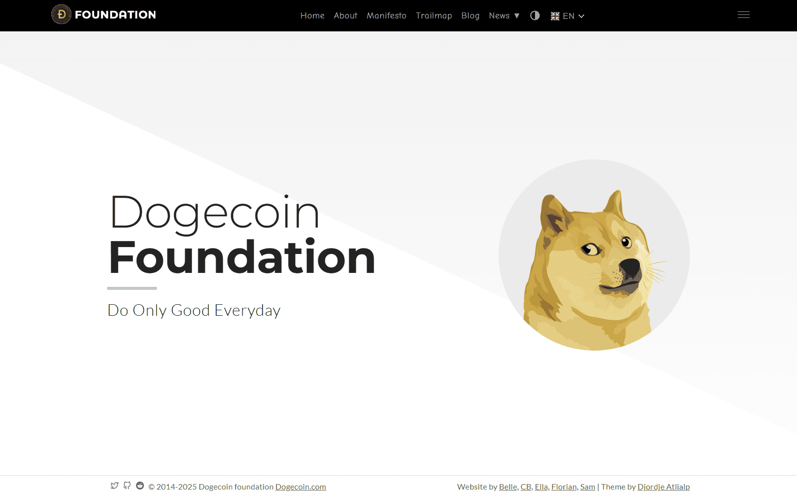 หน้าเว็บทางการของ Dogecoin Foundation (dogecoin.org) องค์กรไม่แสวงหากำไรที่ดูแลพัฒนาการของเหรียญ