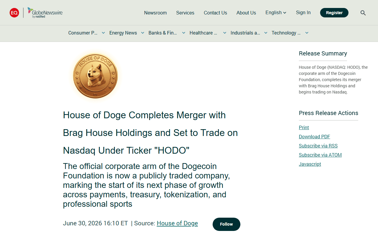 ข่าวประชาสัมพันธ์ทางการ House of Doge เข้าเทรด Nasdaq ในชื่อหุ้น HODO