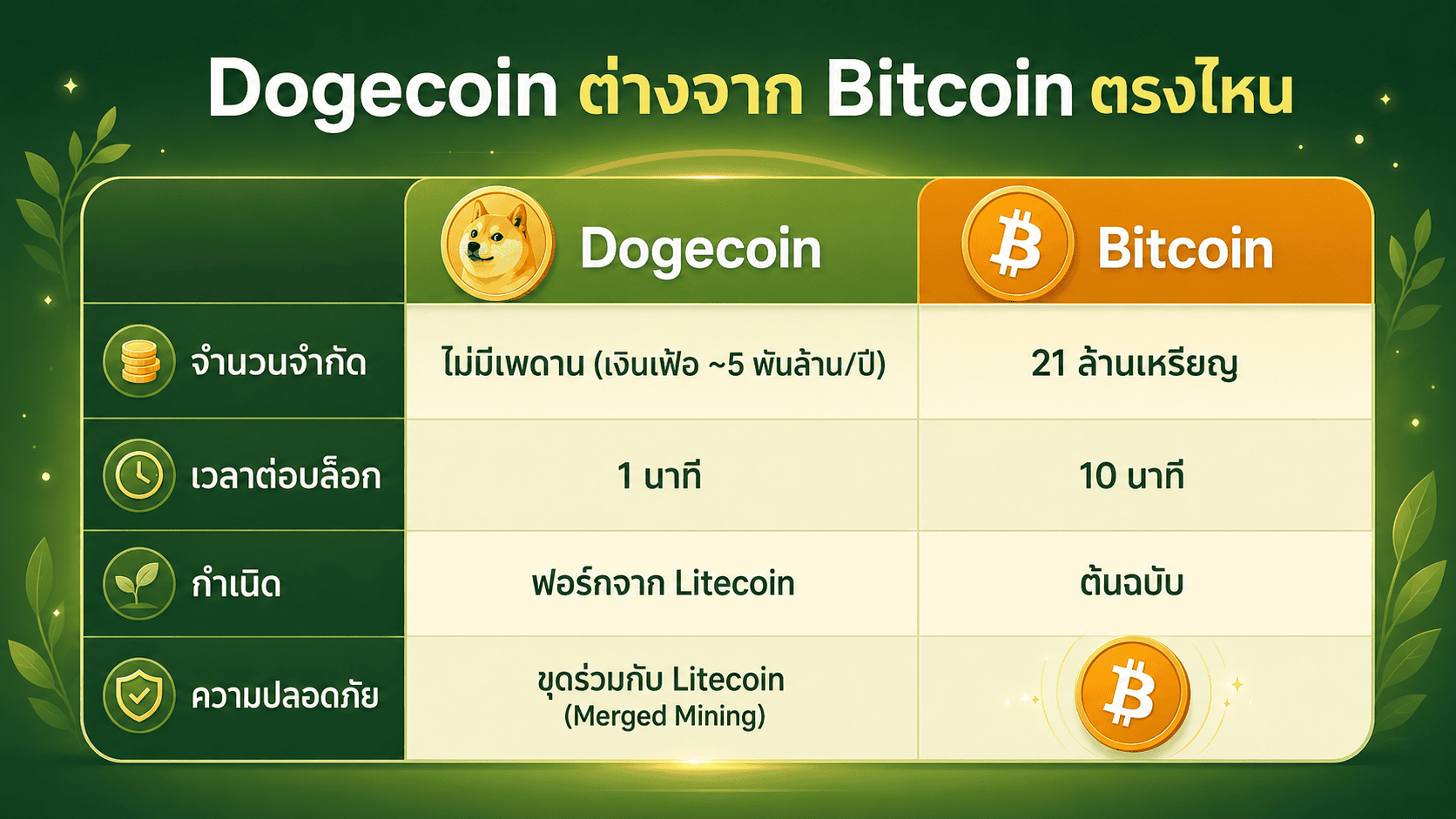 เทียบ Dogecoin กับ Bitcoin จำนวนเหรียญ เวลาต่อบล็อก และการขุด