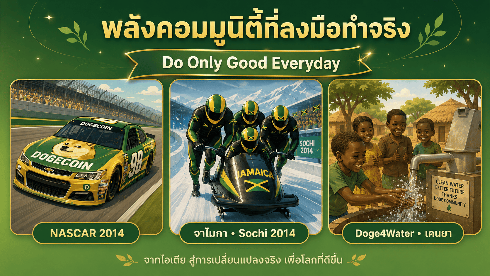 พลังคอมมูนิตี้ Dogecoin NASCAR ทีมบอบสเลดจาไมกา และ Doge4Water เคนยา