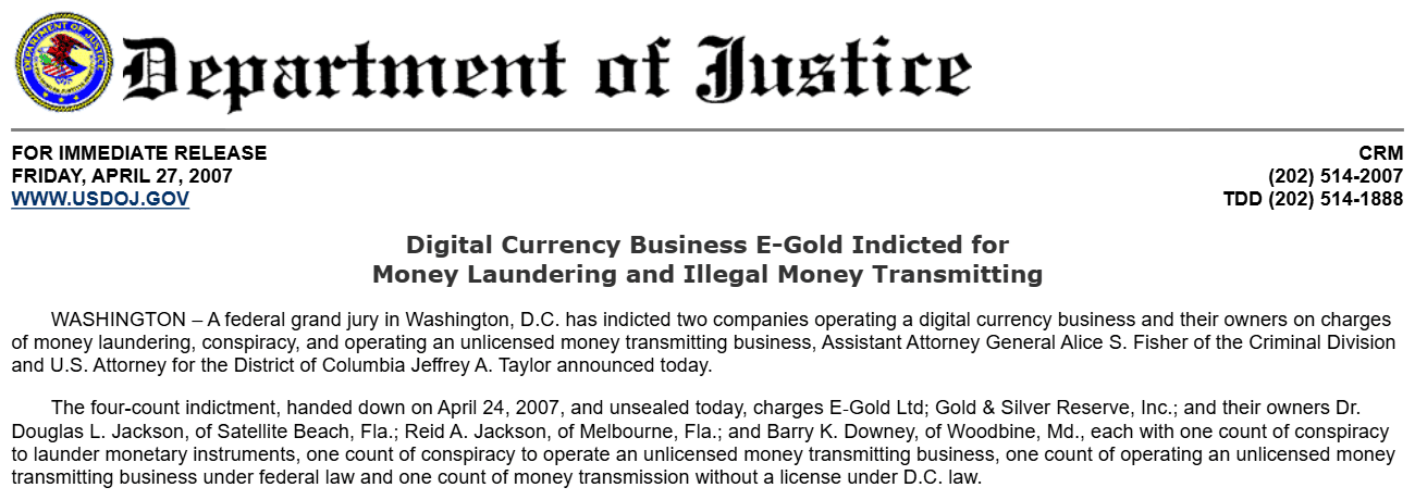 แถลงข่าวจริงของกระทรวงยุติธรรมสหรัฐฯ (DOJ) 27 เมษายน 2007 เรื่องการฟ้อง E-Gold ข้อหาฟอกเงินและดำเนินธุรกิจโอนเงินโดยไม่มีใบอนุญาต