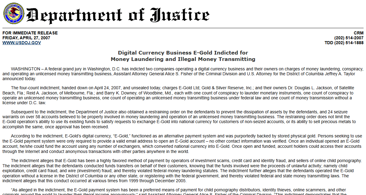 หน้าแถลงข่าวของกระทรวงยุติธรรมสหรัฐ วันที่ 27 เมษายน 2007 เรื่องคำฟ้อง e-gold