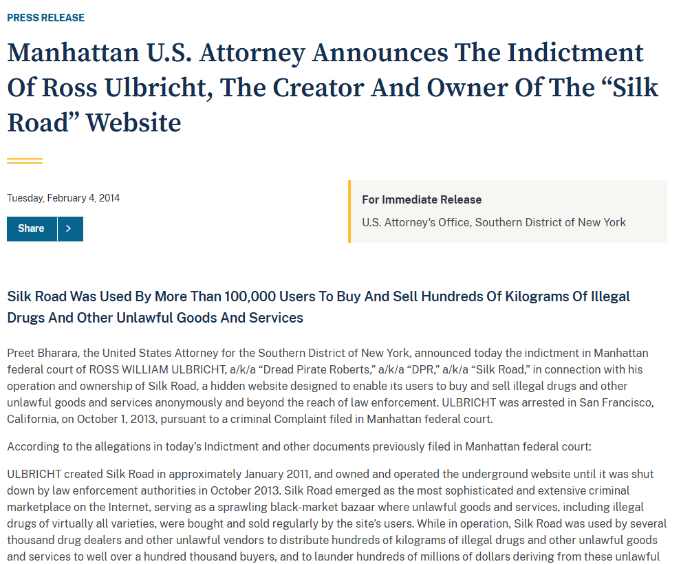 หน้าแถลงข่าวของอัยการสหรัฐเขตใต้นิวยอร์ก เรื่องคำฟ้อง Ross Ulbricht ผู้สร้าง Silk Road