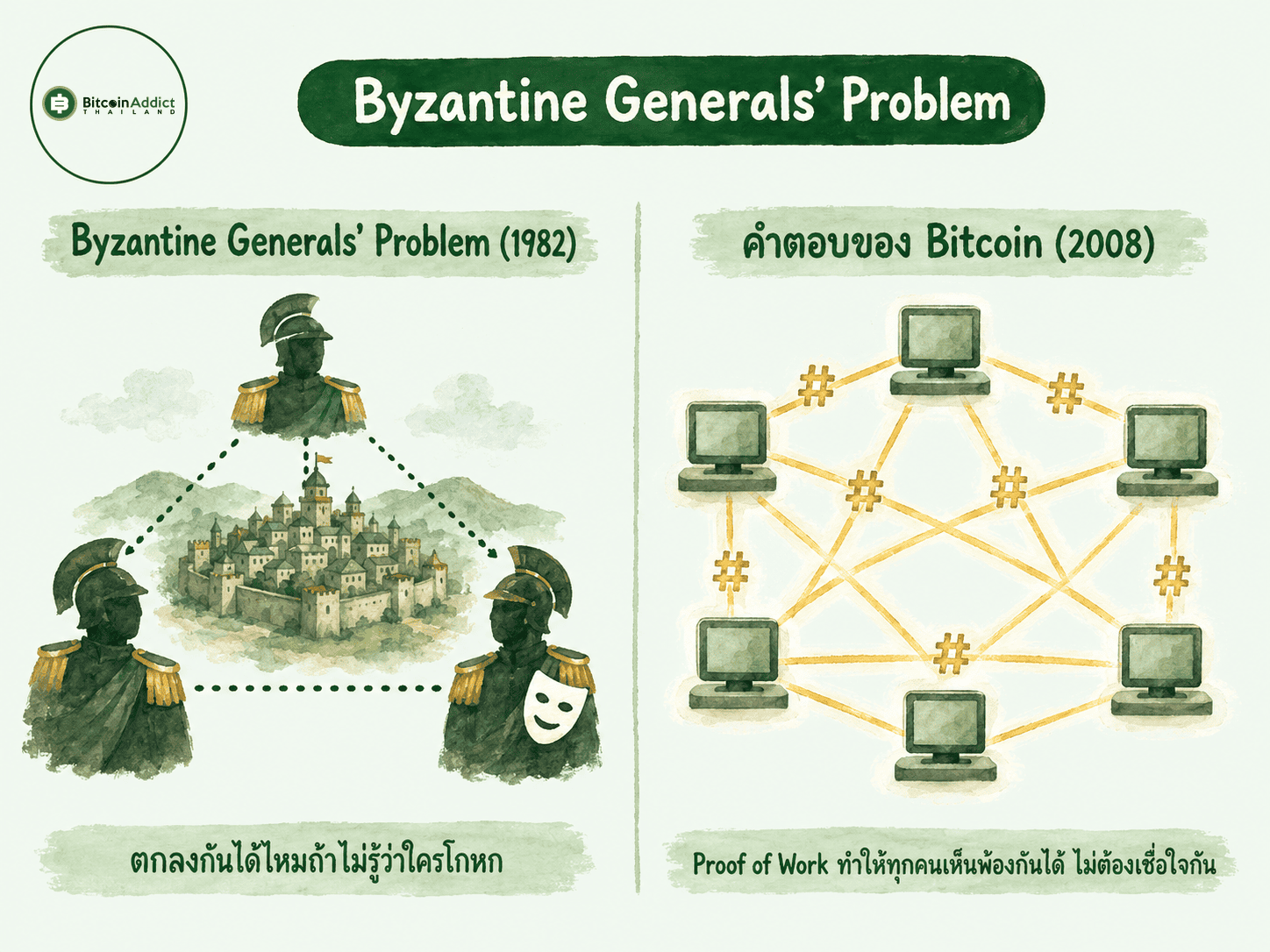 Byzantine Generals' Problem ปี 1982 เทียบกับคำตอบของ Bitcoin ด้วย Proof of Work ปี 2008