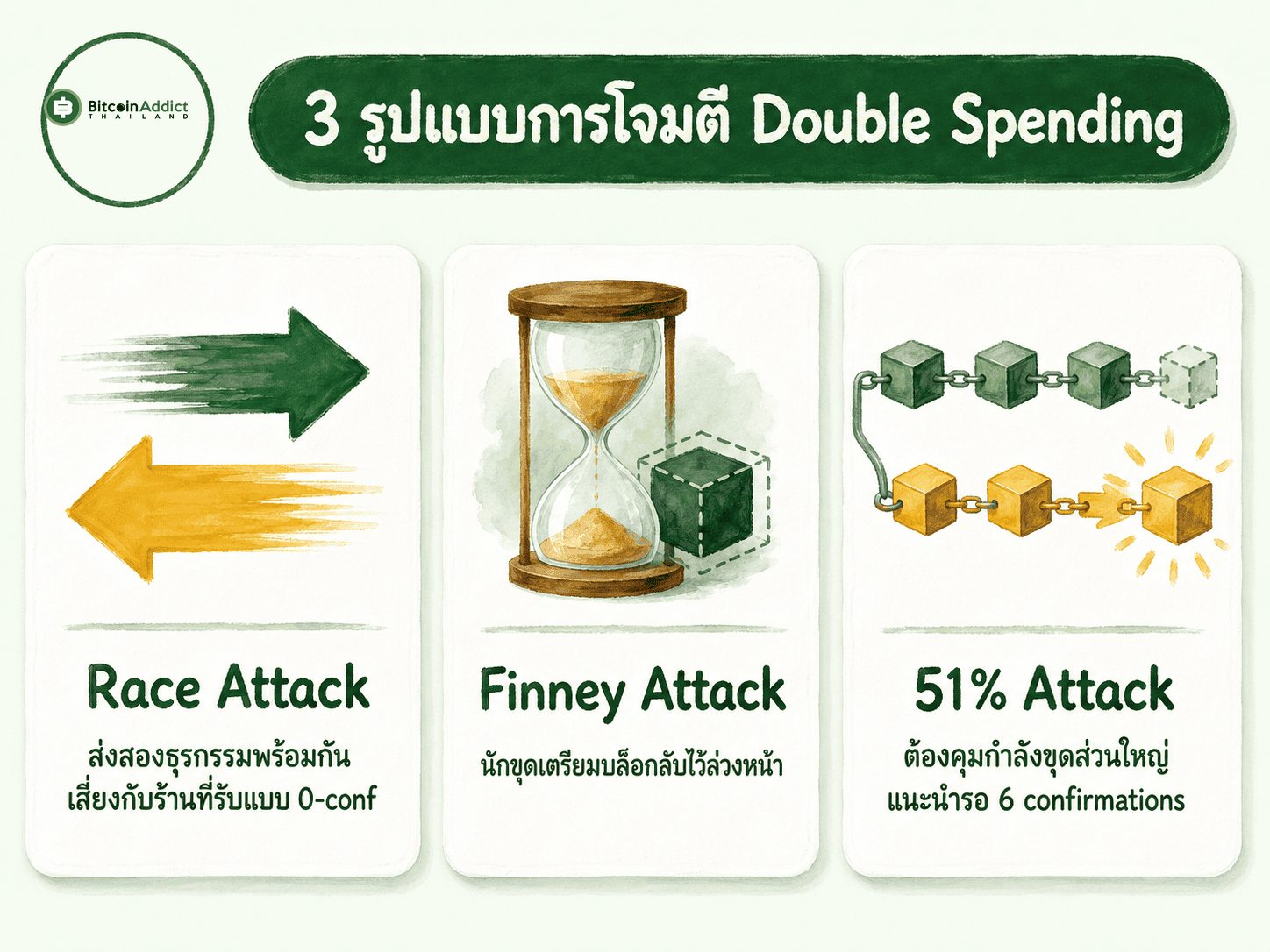 3 รูปแบบการโจมตี Double Spending คือ Race Attack, Finney Attack และ 51% Attack