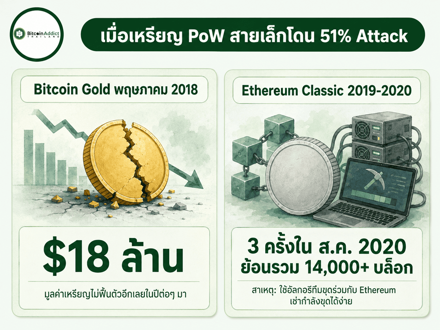 เคส 51% Attack จริงที่ Bitcoin Gold พฤษภาคม 2018 และ Ethereum Classic 2019-2020