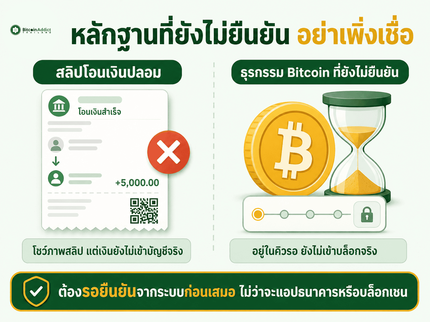 เปรียบเทียบสลิปโอนเงินปลอมกับธุรกรรม Bitcoin ที่ยังไม่ยืนยัน