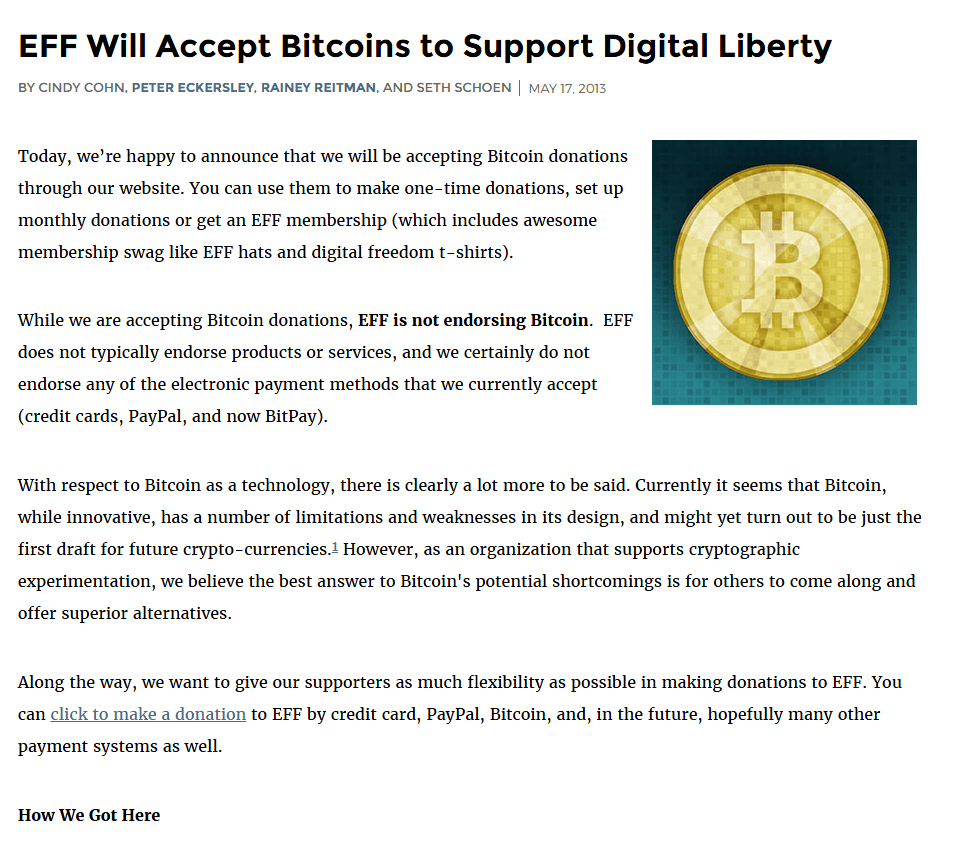 บทความ EFF Will Accept Bitcoins to Support Digital Liberty ลงวันที่ 17 พฤษภาคม 2013