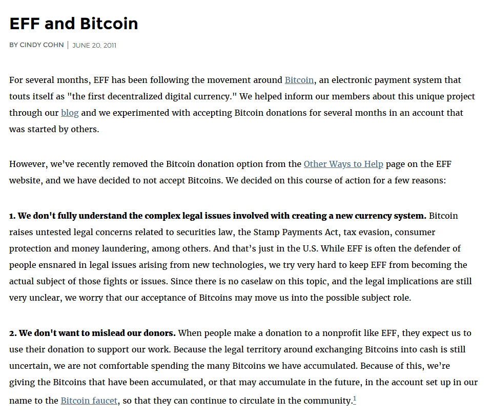 บทความ EFF and Bitcoin ลงวันที่ 20 มิถุนายน 2011