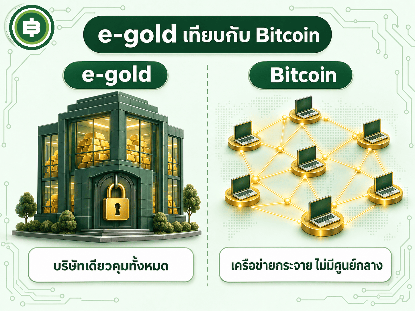 เทียบโครงสร้าง e-gold บริษัทเดียวคุมทั้งหมด กับ Bitcoin เครือข่ายกระจายไม่มีศูนย์กลาง