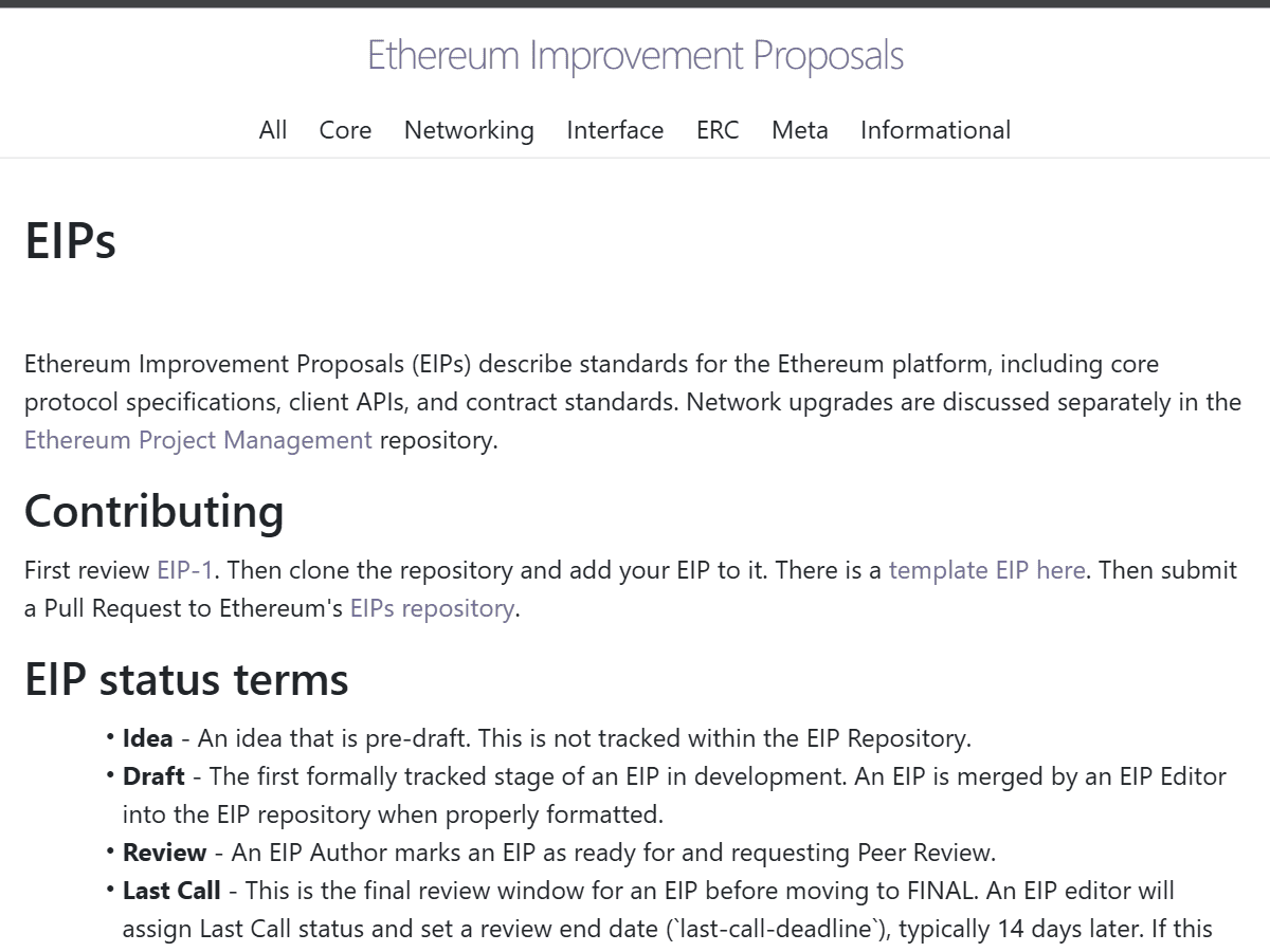 หน้าเว็บทางการ eips.ethereum.org รวมรายการ Ethereum Improvement Proposal