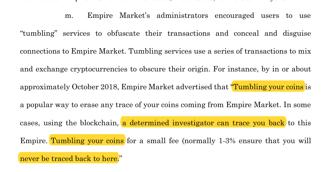ข้อความในคำฟ้องหน้า 10 ระบุว่าราวเดือนตุลาคม 2018 Empire Market โฆษณาว่าการ tumbling เหรียญด้วยค่าธรรมเนียม 1-3% จะทำให้ไม่มีวันถูกตามรอยกลับมาที่เว็บ