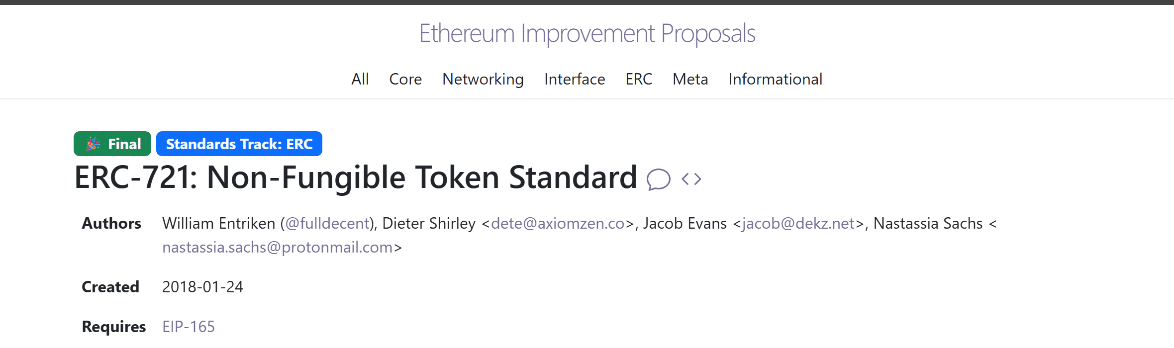 หน้ามาตรฐาน ERC-721 Non-Fungible Token Standard บน eips.ethereum.org สถานะ Final ผู้เขียนรวมถึง Dieter Shirley จาก Axiom Zen สร้างเมื่อ 24 มกราคม 2018