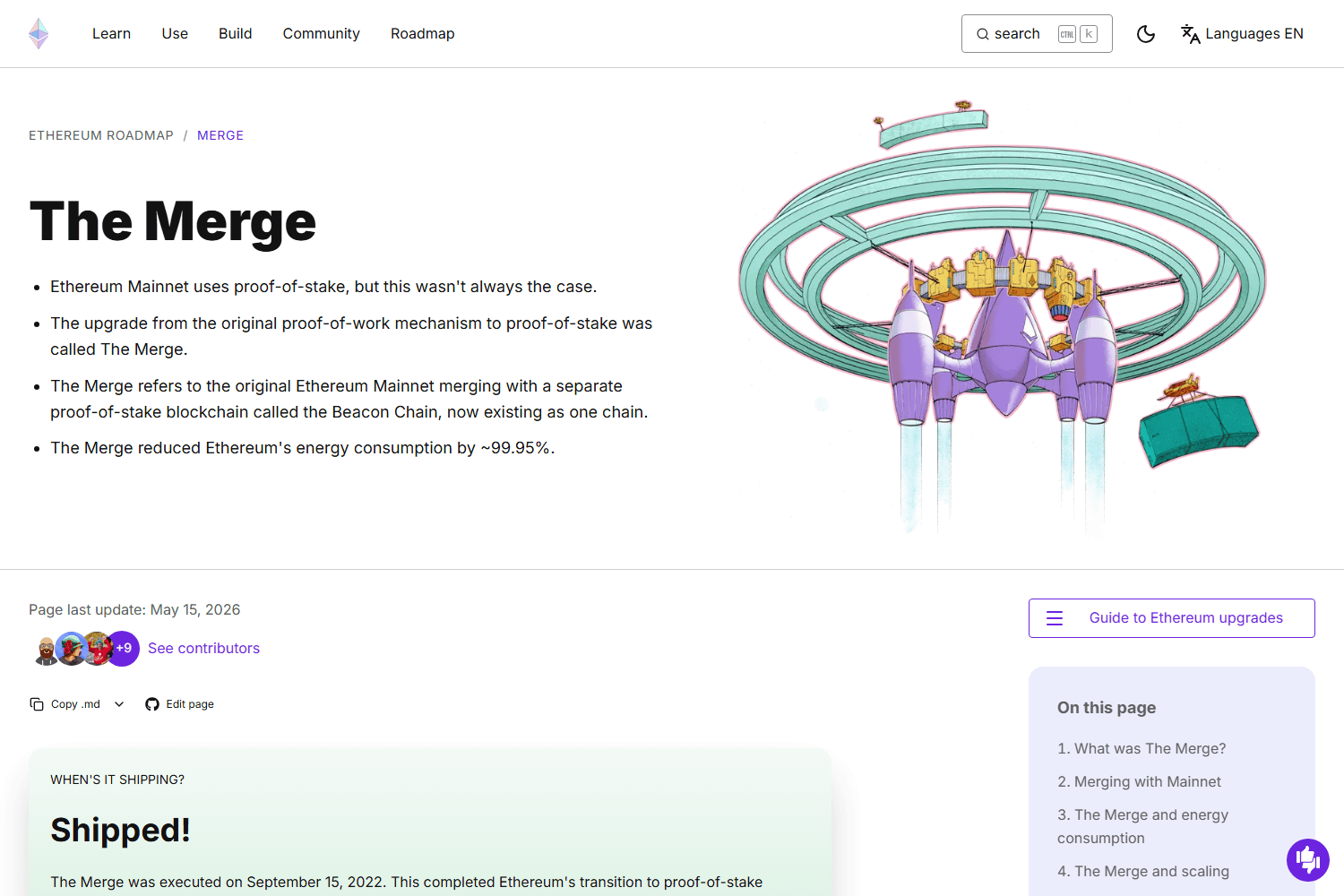 หน้า The Merge บนเว็บทางการ ethereum.org ระบุว่าการอัปเกรดลดการใช้พลังงานลงราว 99.95% และดำเนินการเสร็จวันที่ 15 กันยายน 2022