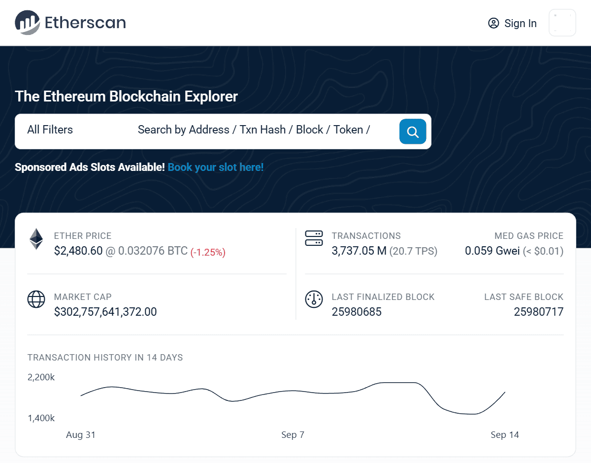 สถิติเครือข่าย Ethereum แบบเรียลไทม์บน Etherscan