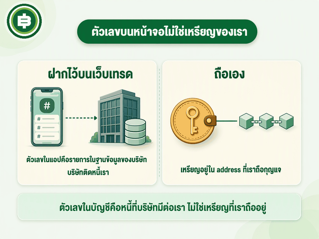 ไดอะแกรมเทียบการฝากเหรียญไว้บนเว็บเทรดกับการถือเหรียญเอง