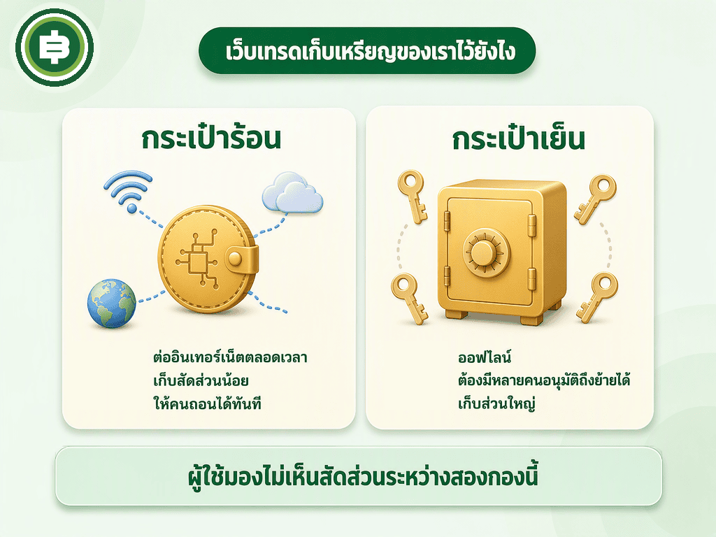 ไดอะแกรมอธิบายว่าเว็บเทรดเก็บเหรียญไว้ในกระเป๋าร้อนกับกระเป๋าเย็นอย่างไร