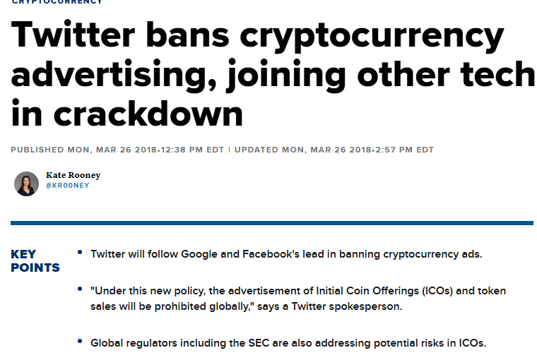 ข่าว CNBC 26 มีนาคม 2018 Twitter แบนโฆษณาคริปโตตาม Google และ Facebook