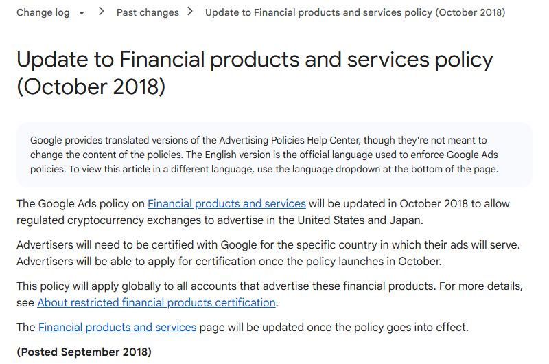 หน้านโยบาย Google Update to Financial products and services policy (October 2018) เปิดให้เว็บเทรดในสหรัฐฯ และญี่ปุ่น