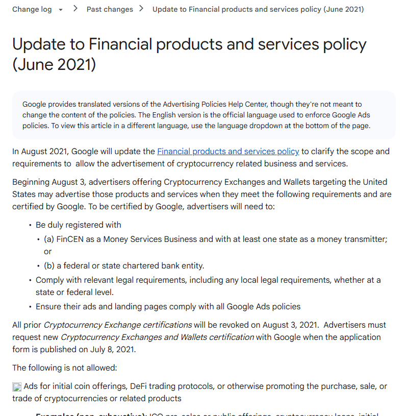 หน้านโยบาย Google Update to Financial products and services policy (June 2021) เงื่อนไขจดทะเบียน FinCEN
