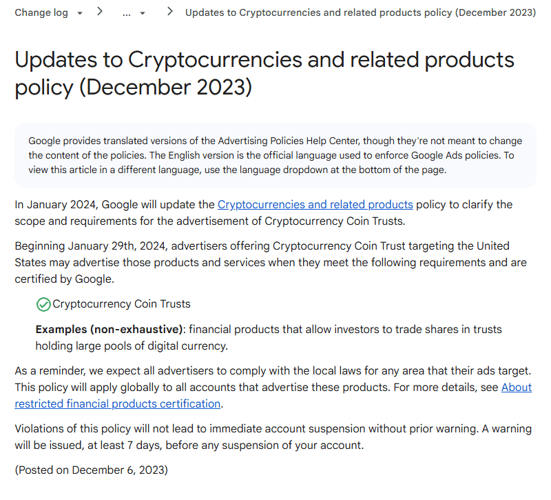 หน้านโยบาย Google Updates to Cryptocurrencies and related products policy (December 2023) Cryptocurrency Coin Trust
