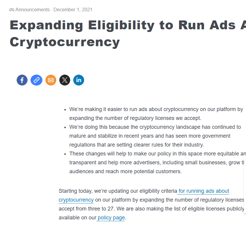 ประกาศ Meta 1 ธันวาคม 2021 Expanding Eligibility to Run Ads About Cryptocurrency ขยายใบอนุญาตเป็น 27 รายการ