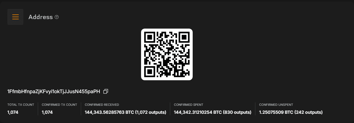 หน้าเว็บสำรวจบล็อกเชนแสดงยอดของกระเป๋าที่ FBI ใช้เก็บของกลางจากคดี Silk Road