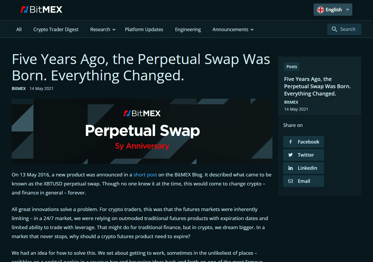 บล็อก BitMEX Five Years Ago, the Perpetual Swap Was Born เล่าการประกาศ XBTUSD 13 พฤษภาคม 2016
